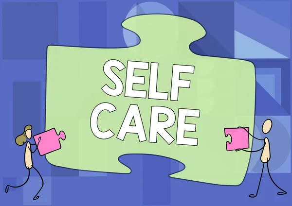 Segno di scrittura a mano Self Care. Business approccio la pratica di agire per migliorare la propria salute Colleghi Disegno Montaggio Due Pezzi Di Puzzle Puzzle Insieme Lavoro di squadra. — Foto Stock