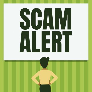 El yazısı mesaj dolandırıcılığı alarmı. Birini dolandırıcılık ya da entrika hakkında uyaracak bir kelime. Her sıradışı adam ayakta duran eller ve kalçalar boş bir tahtaya bakar..