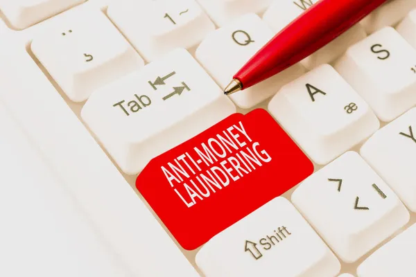 Writing displaying text Anti Money Laundering. Concept meaning regulations stop generating income through illegal actions Typing Product Title And Descriptions, Entering Important Data Codes