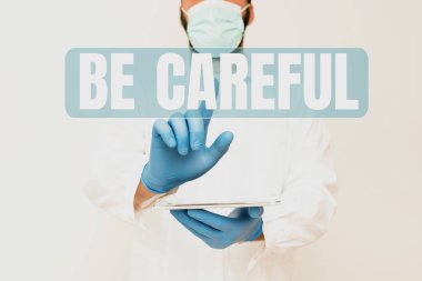 El yazısı işareti. Dikkatli ol. Tıbbi Teknolojiyi tanıtan, potansiyel bir tehlike veya zarardan kaçınmak için yeni bilimsel keşifler sunan bir kelime.