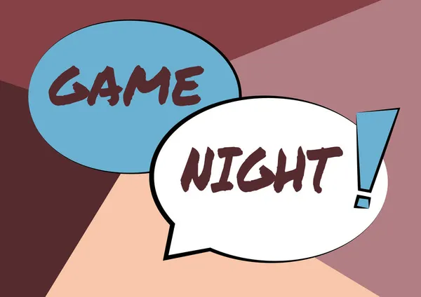 게임의 밤을 보여 주는 문자 표지판. 비즈니스 쇼 케이스는 일반적으로 성인들의 플레이 데이트를 요구하며 포커처럼 두 개의 화려하게 겹치는 말 버블 이 느낌표를 달고 있다.. — 스톡 사진
