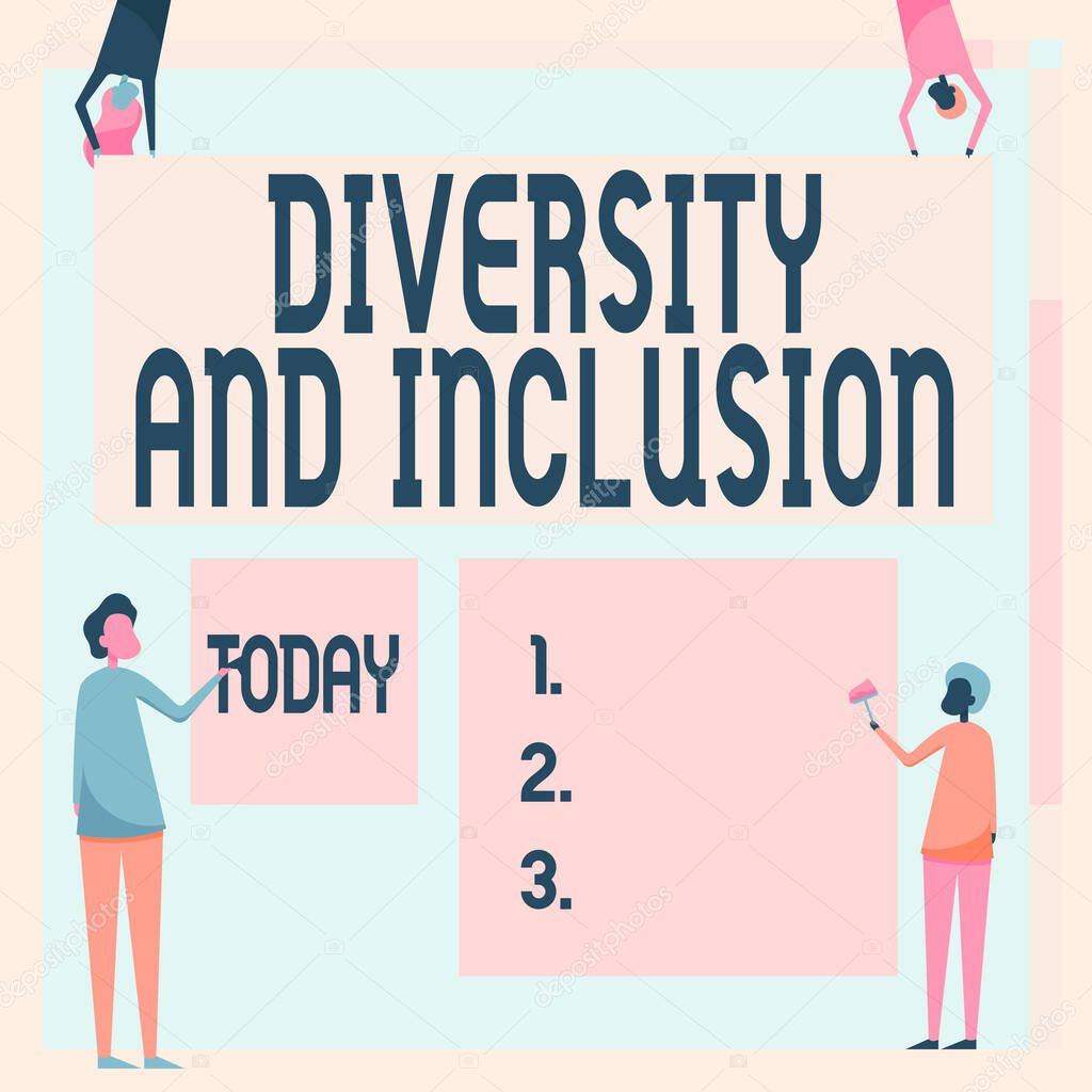 Text showing inspiration Diversity And Inclusion. Word Written on range human difference includes race ethnicity gender Four Colleagues Drawing Standing Holding Different Sized Blank Sheet.