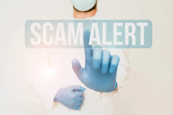 Scam Alert sunan metin başlığı. Bilim adamı Laboratuvar Güvenliği Öğretim Laboratuvarı Terimleri, Tıp Terimlerini Açıklayan Doktor 'u ikna ederek kurbandan sahte para elde etme sözcüğü — Stok fotoğraf