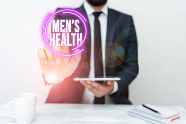 Fogalmi kijelző Men S Health. Szó az állam a teljes fizikai mentális és társadalmi jólét által ember Bemutatása Kommunikációs technológia Okostelefon Hang és videó Calling — Stock Fotó