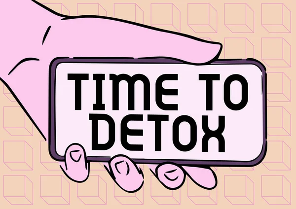 Segno di scrittura a mano Time To Detox. Foto concettuale quando purifichi il tuo corpo dalle tossine o smetti di consumare droga Illustrazione della mano adulta che tiene il cellulare Mostrando nuova tecnologia sullo schermo. — Foto Stock