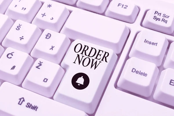 Sign displaying Order Now. Business idea confirmed request by one party to another to buy sell Creating Online Chat Platform Program, Typing Science Fiction Novel — Stock Photo, Image