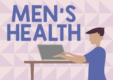 Men S Health 'i gösteren bir tabela. Tamamen ruhsal ve sosyal refahın tamamen insan işadamı tarafından sağlanması fikri. Dizüstü bilgisayarını ahşap masanın üstüne yerleştirerek ayakta duruyor..