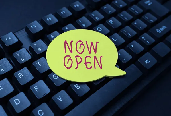 Hand writing sign Now Open. Business approach leave door or windows not closed or barred at this current time Editing And Retyping Report Spelling Errors, Typing Online Shop Inventory — Stock Photo, Image