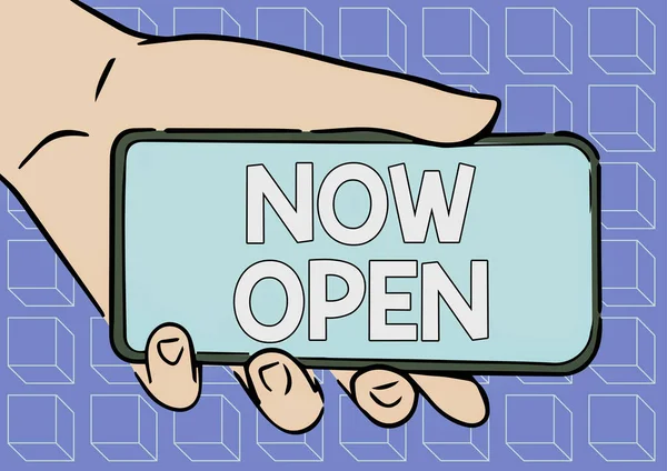 Κείμενο που δείχνει έμπνευση Now Open. Word for leave door or windows not closed or blag at this currently time Adult Hand Illustration Holding Mobile Προβολή νέας τεχνολογίας στην οθόνη. — Φωτογραφία Αρχείου