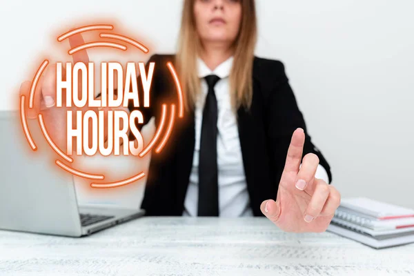 El yazısı, Holiday Hours. Esnek çalışma saatleri altında çalışanlar için iş vitrini fazla mesaisi Şirketin Sorununu Açıklama, Anlaşmazlık Sağlama Çözümleri — Stok fotoğraf