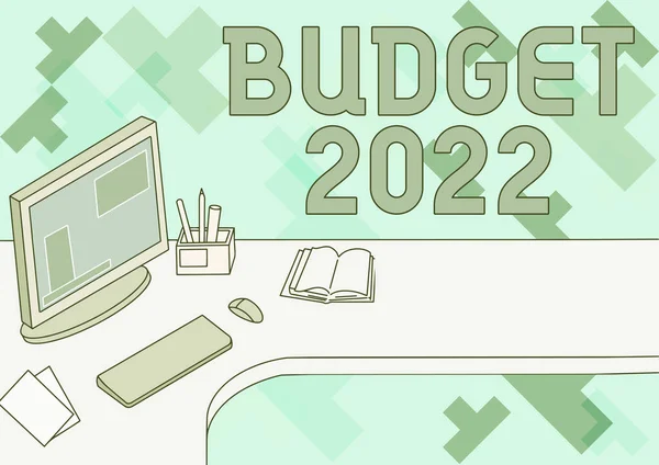 Handwriting text Budget 2022. Business showcase estimate of income and expenditure for current year Office Desk With Computer Pen Holder And Open Blank Notebook. — Stock Photo, Image