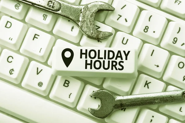 Inspiration showing sign Holiday Hours. Business overview Overtime work on for employees under flexible work schedules Typing Device Instruction Manual, Posting Product Review Online