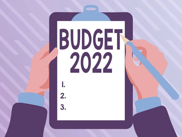 Podpis koncepcyjny Budżet 2022. Preliminarz pojęć biznesowych dochodów i wydatków na bieżący rok Gra na klawiaturę, tworzenie i przetwarzanie dokumentów cyfrowych — Zdjęcie stockowe