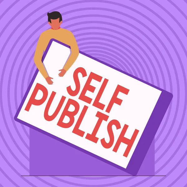 자기 출판 (Self Publish) 은 다음을 가리킨다. 인터넷 콘셉트 작가는 독자적으로 일하는 작품들을 발행하는데, 비용 이 많이 드는 신사가 거대 한 블 랭크 클립보드를 들고 있다. — 스톡 사진