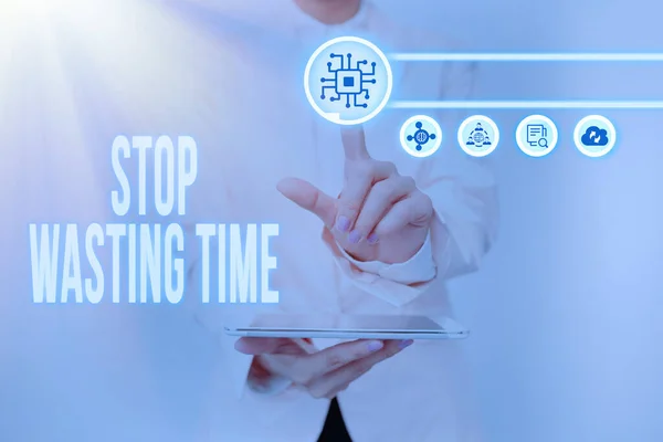 Conceptual display Stop Wasting Time. Business concept advising person or group start planning and use it wisely Lady Holding Tablet Pressing On Virtual Button Showing Futuristic Tech. — Stock Photo, Image