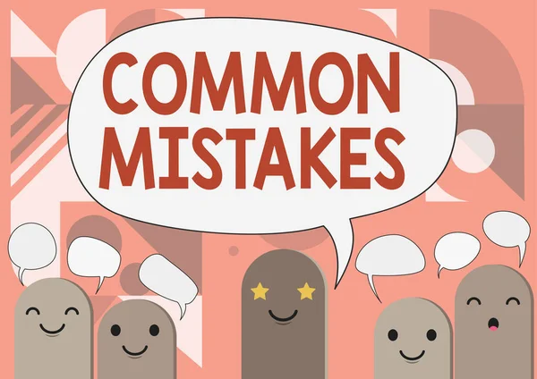 Conceptuele weergave Gemeenschappelijke fouten. Zakelijke aanpak acties die vaak worden gebruikt verwisselbaar met fout Cartoon hoofden Tekenen met spraakbel Toont Conversatie. — Stockfoto