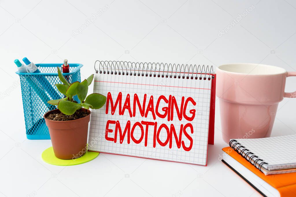 Text sign showing Managing Emotions. Conceptual photo ability be open to feelings and modulate them in oneself Tidy Workspace Setup Writing Desk Tools And Equipment Taking Notes