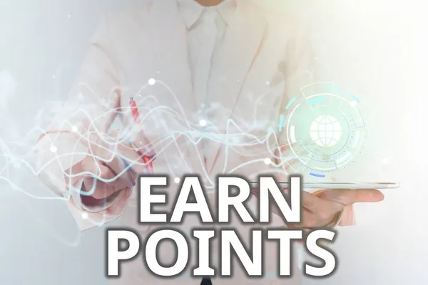 Text showing inspiration Earn Points. Business concept getting praise or approval for something you have done Lady In Uniform Using Futuristic Mobile Holographic Display Screen. — Stock Photo, Image