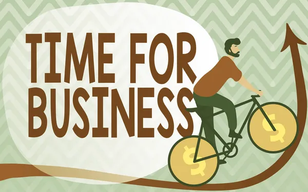 Firma la visualizzazione di Time For Business. L'approccio aziendale soddisfa le transazioni entro il periodo promesso al cliente Man Drawing Riding Bicycle With Dollar Sign Wheels Going Up. — Foto Stock