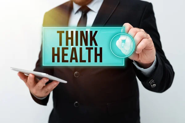 Написання тексту Think Health. Стан повного фізичного та соціального благополуччя представлення нових технологічних ідей обговорення технологічного вдосконалення — стокове фото