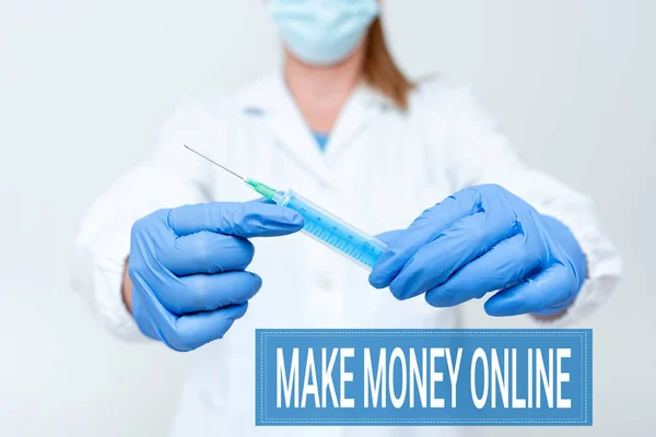 Inspiration showing sign Make Money Online. Business approach making profit using internet like freelancing or marketing Preparing Medical Vaccine Presenting New Medicine Formulation — Stock Photo, Image