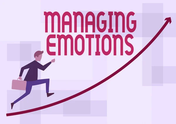 Znak tekstowy pokazujący Zarządzanie emocjami. Biznes zdolność koncepcja być otwarty na uczucia i modulować je w sobie Biznesmen Running Up Holding teczka ze strzałką wskazując w górę. — Zdjęcie stockowe