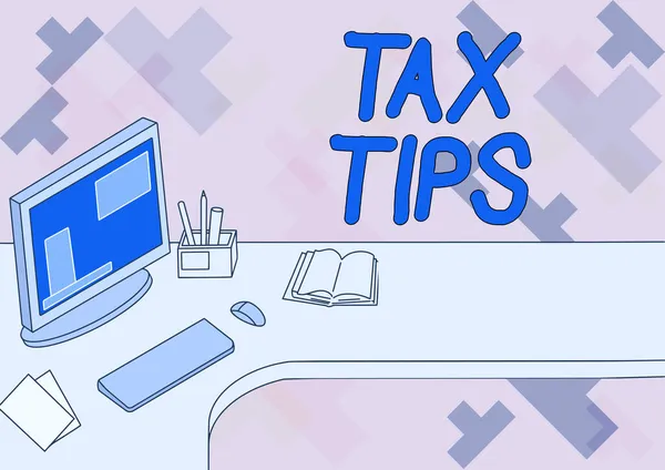 Writing displaying text Tax Tips. Conceptual photo compulsory contribution to state revenue levied by government Office Desk With Computer Pen Holder And Open Blank Notebook. — Stock Photo, Image