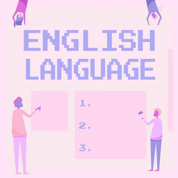 Exibição conceitual English Language. Conceito de Internet terceira língua nativa falada no mundo após chinês e espanhol quatro colegas desenho de pé segurando diferentes tamanhos em branco folha. — Fotografia de Stock