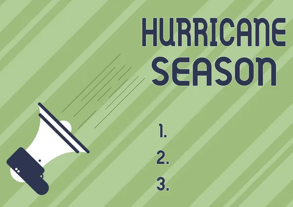 Концептуальная подпись "Сезон ураганов". Слово, написанное вовремя, когда большинство тропических циклонов, как ожидается, разработают иллюстрацию мегафона, делая быстрое важное объявление. — стоковое фото