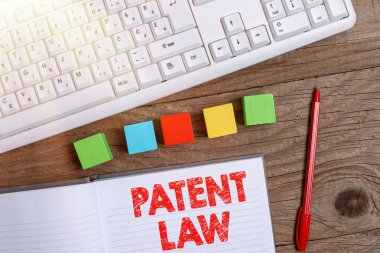 Patent Yasası 'nı gösteren imza. Bir mucitle yapılan kavramsal fotoğraf anlaşmaları, kendi icat edilen Küp Küpü Kutusunu Yüzeyde Çok Renkli Kutular ile Parlatılmış olarak kullanma hakkına sahiptir.