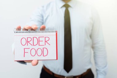 Metin Siparişi Yemekleri gösteriliyor. Kavramsal fotoğraf bir restoranda tercih edilen yiyecekleri talep etme süreci Yeni Planlar ve Planlama Sürecini Gösteren Fikirler