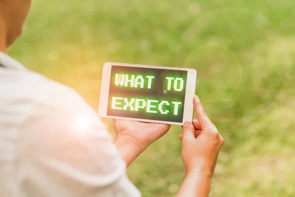 Text schreiben, der anzeigt, was zu erwarten ist. Konzept: Fragen nach der Wahrscheinlichkeit, dass etwas passiert, werden durch Sprach- und Videotelefonie beantwortet. — Stockfoto