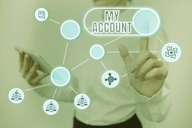 Hesabımı açıklayan bir işaret ver. İnternet Konsepti Eğer birinin üzerinde bir şey olduğu söyleniyorsa ya da bir şey varsa o da Lady Holding 'in Sanal Düğmeye Basıp Fütüristik Teknolojiyi Göstermesidir.