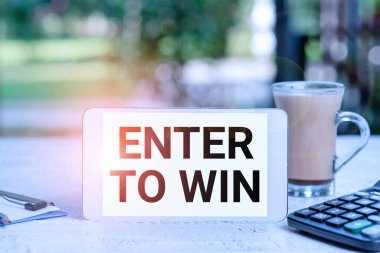 Metin gösterimi yazılıyor Kazanmak için girin. Ticari yaklaşım ödül için değerli bir şey takas etmek Açık Hava Kahve ve Serinletici Fikirler, Cafe Çalışma Deneyimi