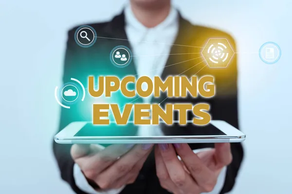 stock image Inspiration showing sign Upcoming Events. Conceptual photo thing that will happens or takes place soon planned occasion Lady In Uniform Holding Touchpad Showing Futuristic Virtual Interface.