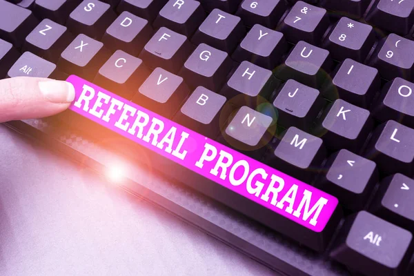 Sign displaying Referral Program. Concept meaning internal recruitment method employed by organizations Typing Character Background Story, Creating New Social Media Account — Stock Photo, Image