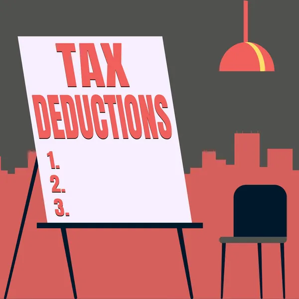 Hand writing sign Tax Deductions. Business idea reduction income that is able to be taxed of expenses Empty Portrait Artwork Design With Skyscrapers Behind Showing Art Subject. — Stock Photo, Image