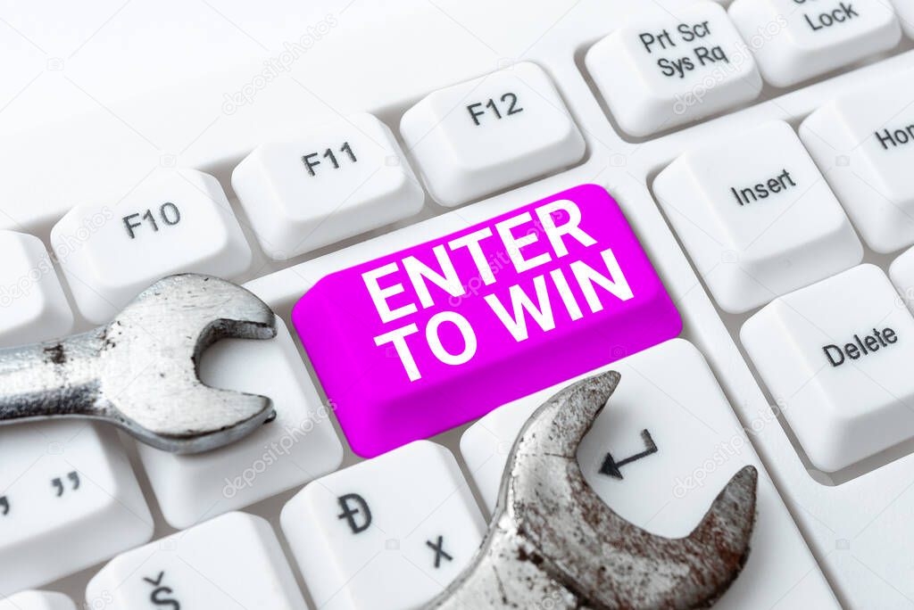 Text sign showing Enter To Win. Business overview exchanging something value for prize chance winning prize Typing And Publishing Descriptions Online, Writing Informative Data