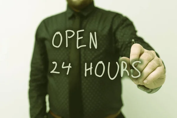 Inspiration zeigt Zeichen Open 24 Hours. Geschäftsübersicht den ganzen Tag und die ganze Nacht verfügbar, ohne zu schließen oder aufzuhören Neue Pläne und Ideen zur Demonstration des Planungsprozesses vorzustellen — Stockfoto