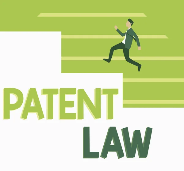 概念表示特許法。発明者との取引のための言葉は、進歩を示す大きな階段で上向きに実行される訴訟で独自の発明ジェントルマンを使用する排他的な権利です.. — ストック写真