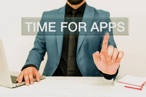Text showing inspiration Time For Apps. Business overview make use of application or services using the technologies Remote Office Work Online Presenting Business Plans Designs — Stock Photo, Image