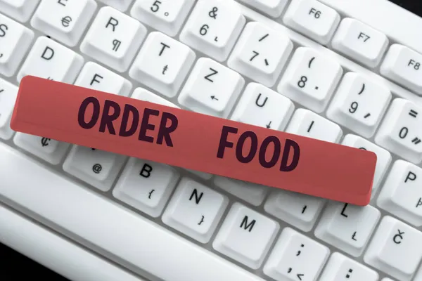 Handschrifttekst Order Food. Bedrijfsoverzicht het proces van het aanvragen van een voorkeurseten in een restaurant Typing Daily Reminder Notes, Creating Online Writing Presentation — Stockfoto