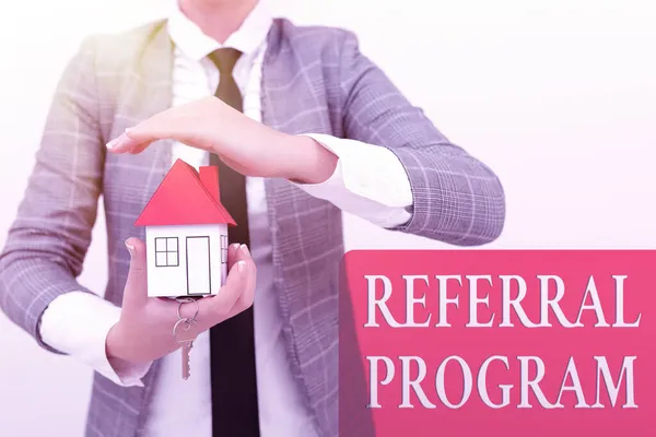 Text sign showing Referral Program. Word Written on internal recruitment method employed by organizations Planning On Moving Into New Home Ideas, Creating Plans For Family Future — Stock Photo, Image