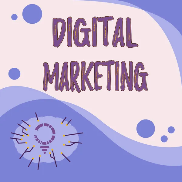 Zápis zobrazující text Digital Marketing. Koncepce znamená tržní produkty nebo služby využívající technologie na internetu žárovky kreslení s více řádky vedle prázdné Napište prostor. — Stock fotografie