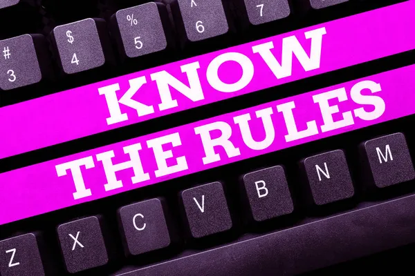 Text na rukopis Know The Rules. Slovo psané na zadaných explicitních nebo regulatorních principech chování Abstraktní online registrační proces, psaní osobních údajů — Stock fotografie