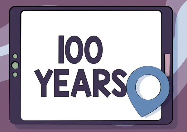 Bildunterschrift: 100 Jahre. Word for Remembering special day for being 100 years in existence Computer Tablet Drawing With Clear Touch Screen And Location Pin. — Stockfoto