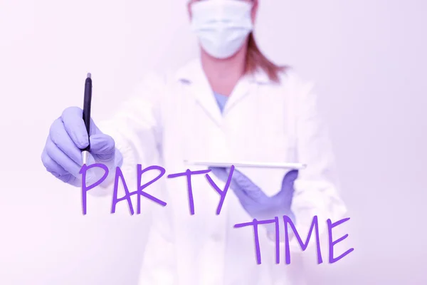 Handschrift tekst Party Time. Word Geschreven op het juiste moment om te vieren en plezier te hebben in sociale gebeurtenis Demonstreren Medische Techologie Presenteren Nieuwe Wetenschappelijke Ontdekking — Stockfoto