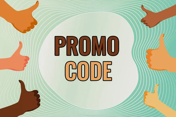 Panneau affichant le code Promo. Mot écrit sur les numéros numériques qui vous donnent une bonne remise sur certains produits Création et envoi de messages électroniques en ligne, Emplois de traitement de données — Photo