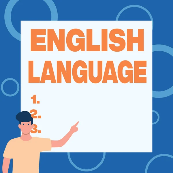 Εννοιολογική λεζάντα Αγγλική Γλώσσα. Word for third spoken native lang in world after Chinese and Spanish Gentleman Ζωγραφίζοντας όρθιο το δάχτυλο στο λευκό πίνακα. — Φωτογραφία Αρχείου