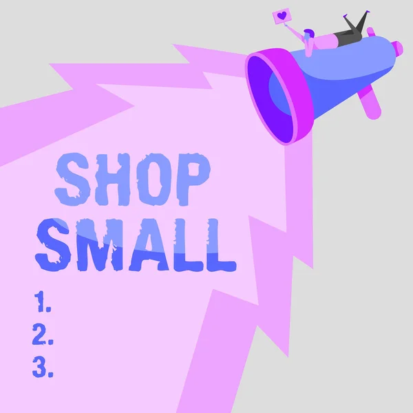 Textzeichen mit Shop Small. Geschäftsmodell landesweite Bewegung, die jeden Tag kleine Unternehmen feiert Man Drawing On Megaphone Producing Lighting Making Lovely Message. — Stockfoto